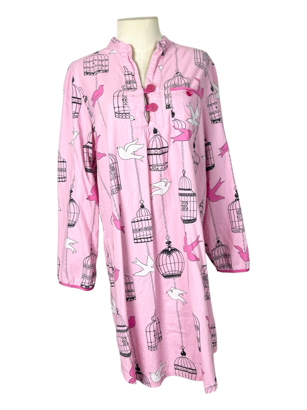 Nick & Nora Pink Cotton Flannel Bird Birdcage Nightgown Long Sleeve Large